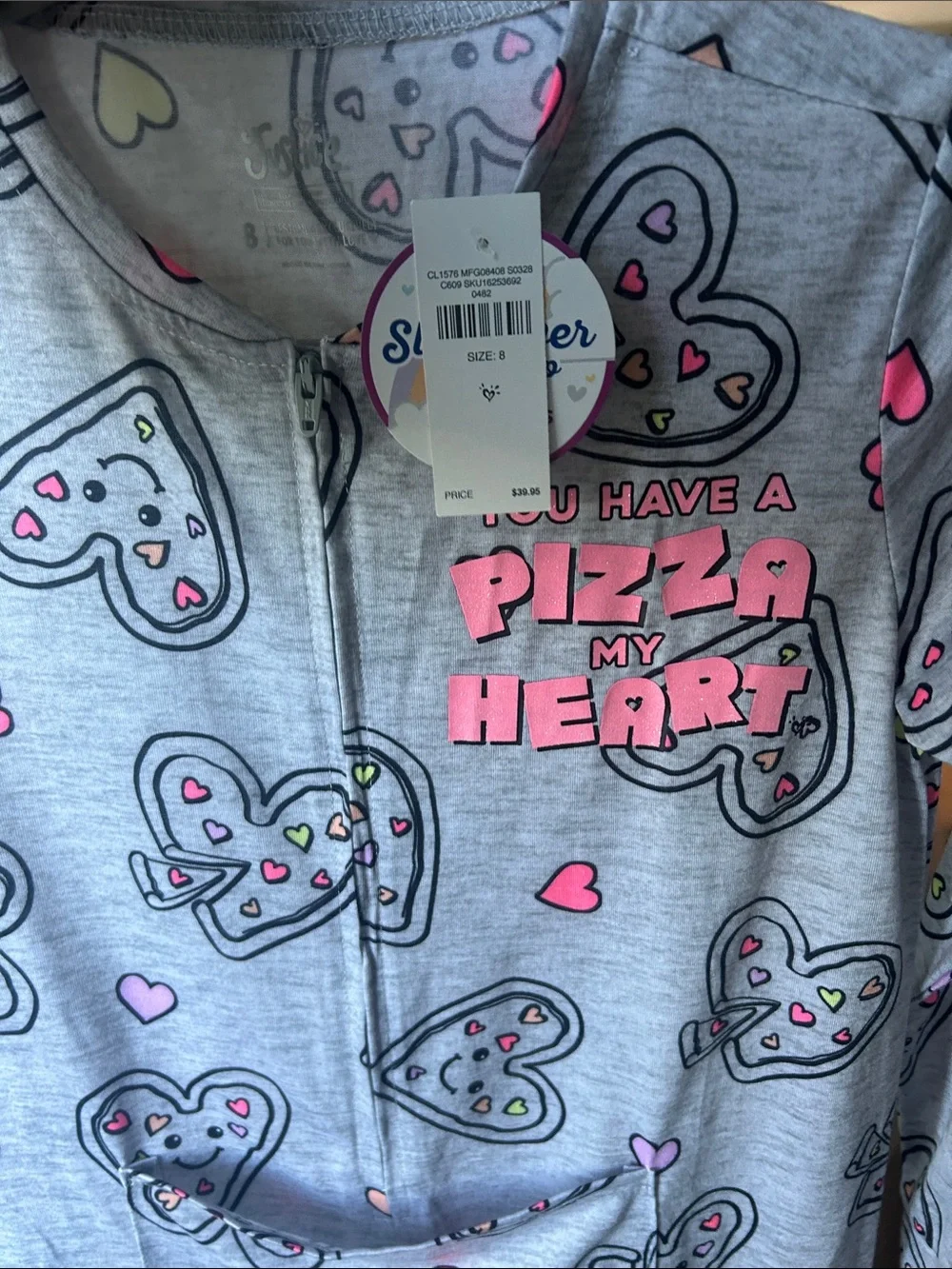 Justice Gray Heart Pizza Graphic One-Piece Pajamas with Pink Accents